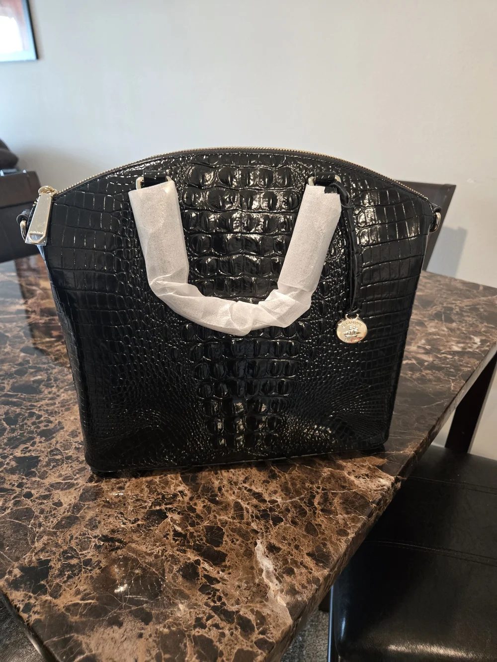 Brahmin Black Croc-Embossed Satchel with Gold Accent - Picture 1 of 2